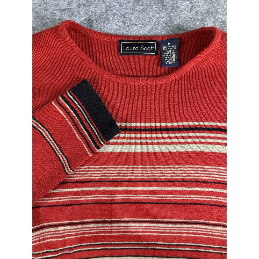 Laura Scott Striped Sweater Red Black Beige Pullover Womens M Y2K Vintage